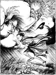 Il vento del Nord e il Sole, illustrazione di Arthur Rackham per le favole di Esopo
