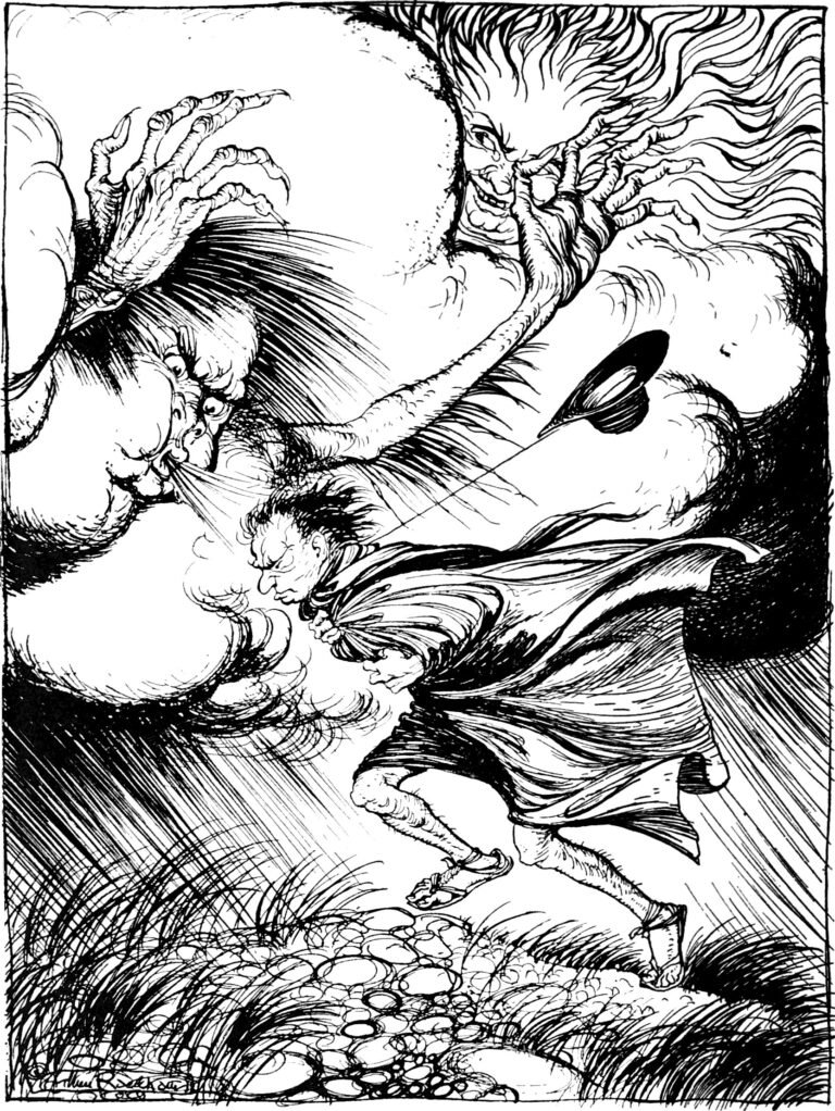 Il vento del Nord e il Sole, illustrazione di Arthur Rackham per le favole di Esopo